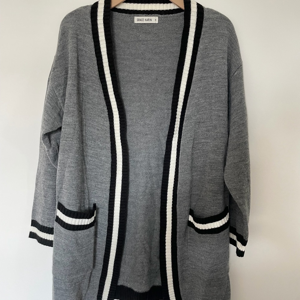 Grace Karin Black and White Trim Gray Cardigan